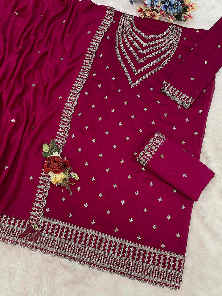 Pink Sht Georgette Embroidered Semi Stitched Straight Kurta With Palazzo &amp; Dupatta