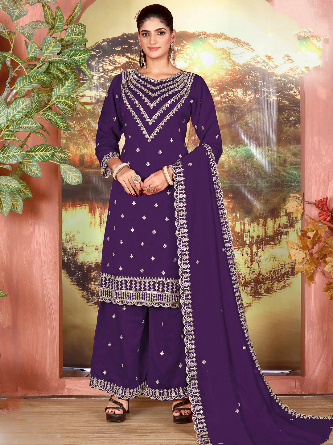 Purple Georgette Embroidered Semi Stitched Straight Kurta With Palazzo &amp; Dupatta