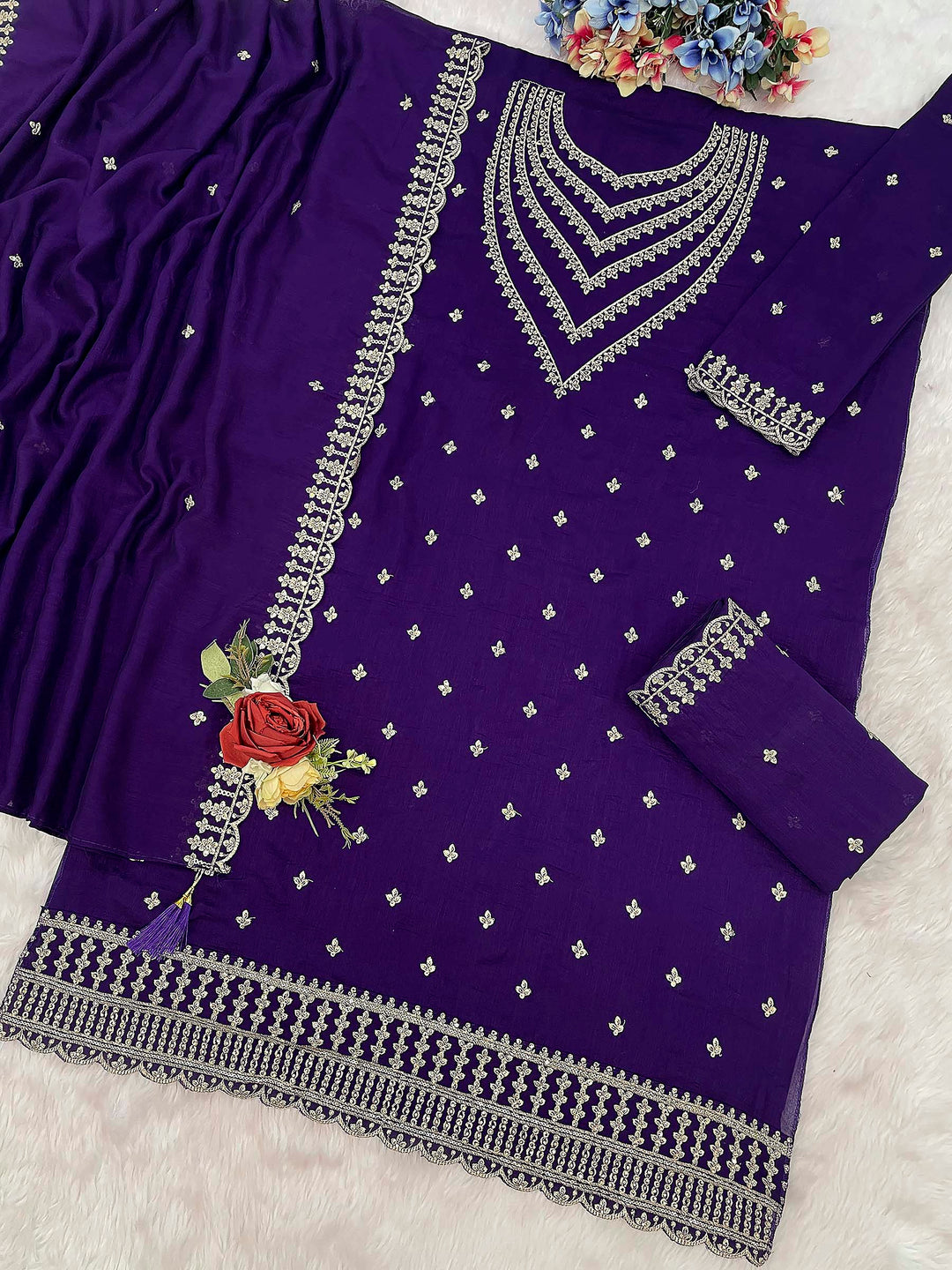 Purple Georgette Embroidered Semi Stitched Straight Kurta With Palazzo &amp; Dupatta
