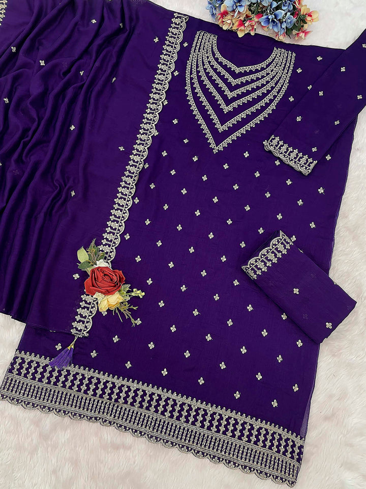 Purple Georgette Embroidered Semi Stitched Straight Kurta With Palazzo &amp; Dupatta