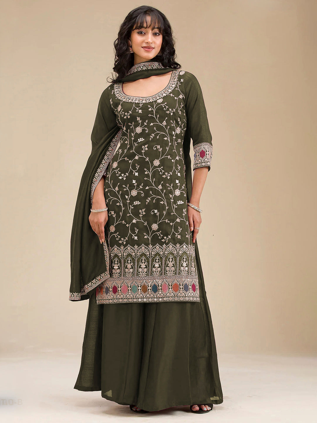 Mehndi Art Silk Embroidered Semi Stitched Straight Kurta With Flared Sharara &amp; Dupatta
