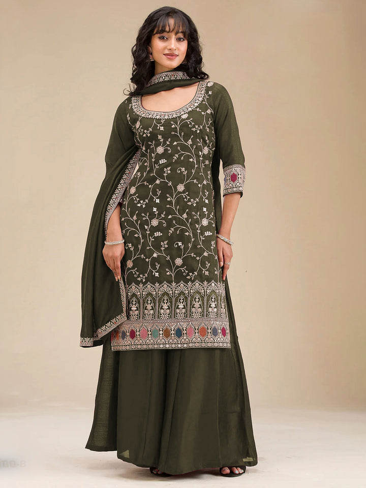 Mehndi Art Silk Embroidered Semi Stitched Straight Kurta With Flared Sharara &amp; Dupatta