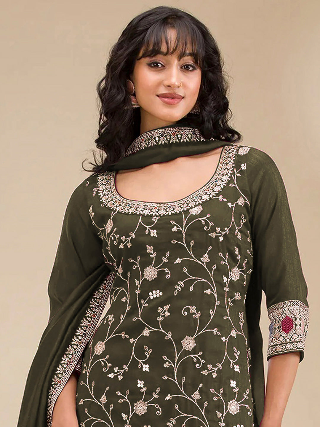 Mehndi Art Silk Embroidered Semi Stitched Straight Kurta With Flared Sharara &amp; Dupatta