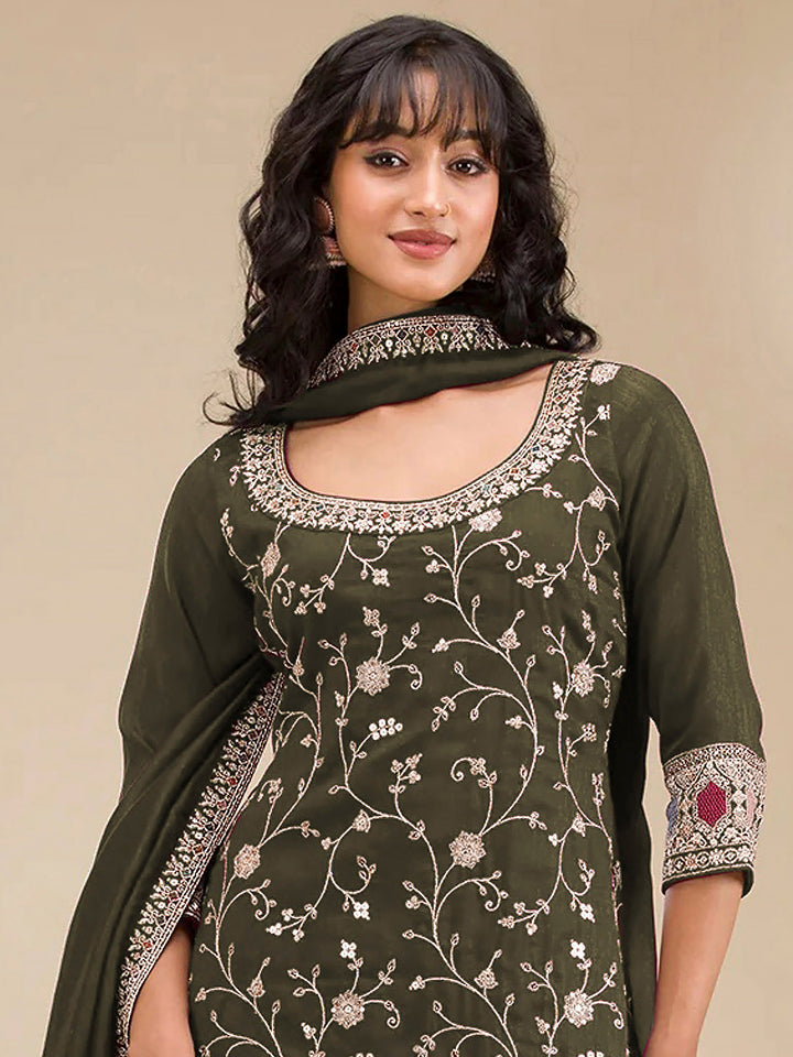 Mehndi Art Silk Embroidered Semi Stitched Straight Kurta With Flared Sharara &amp; Dupatta