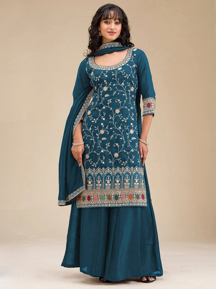 Teal Blue Art Silk Embroidered Semi Stitched Straight Kurta With Flared Sharara &amp; Dupatta