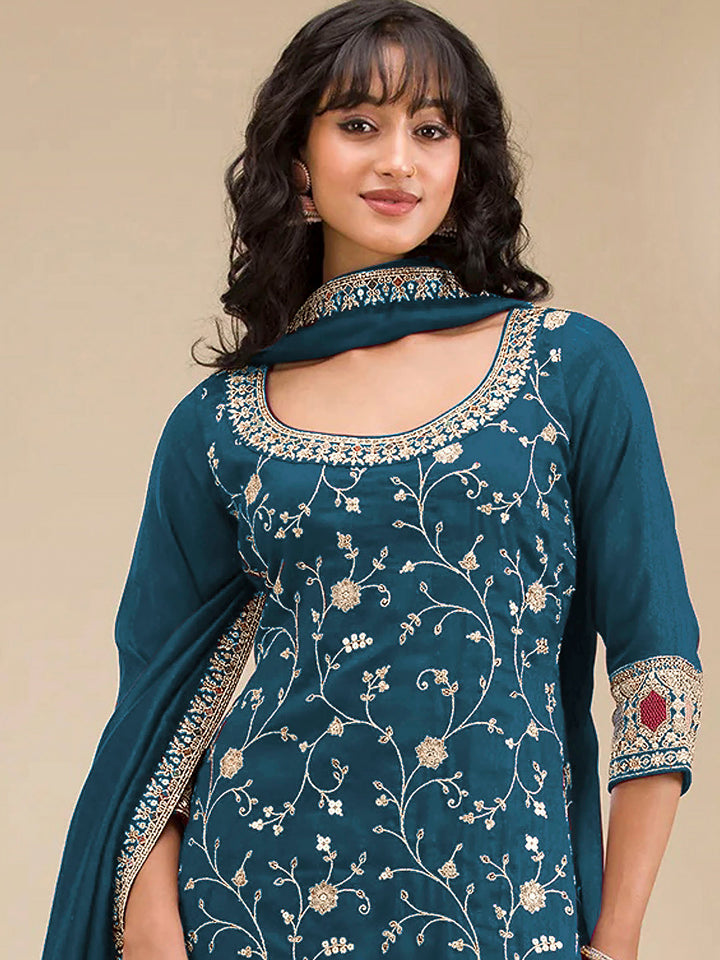 Teal Blue Art Silk Embroidered Semi Stitched Straight Kurta With Flared Sharara &amp; Dupatta