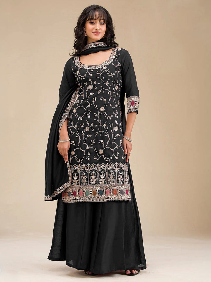 Black Art Silk Embroidered Semi Stitched Straight Kurta With Flared Sharara &amp; Dupatta