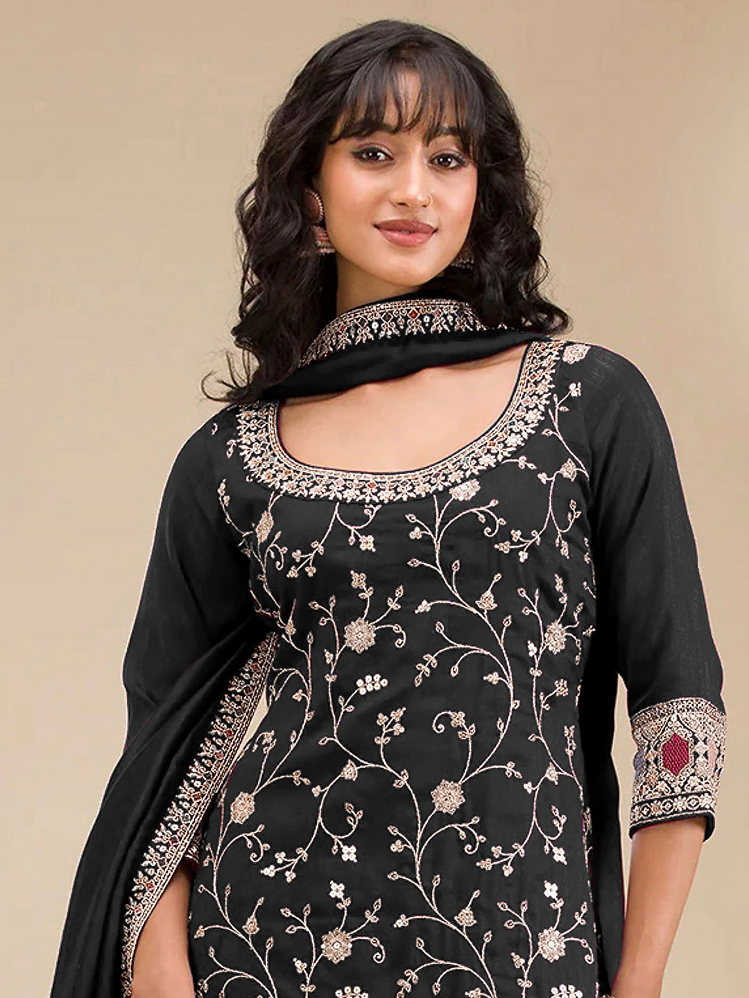 Black Art Silk Embroidered Semi Stitched Straight Kurta With Flared Sharara &amp; Dupatta