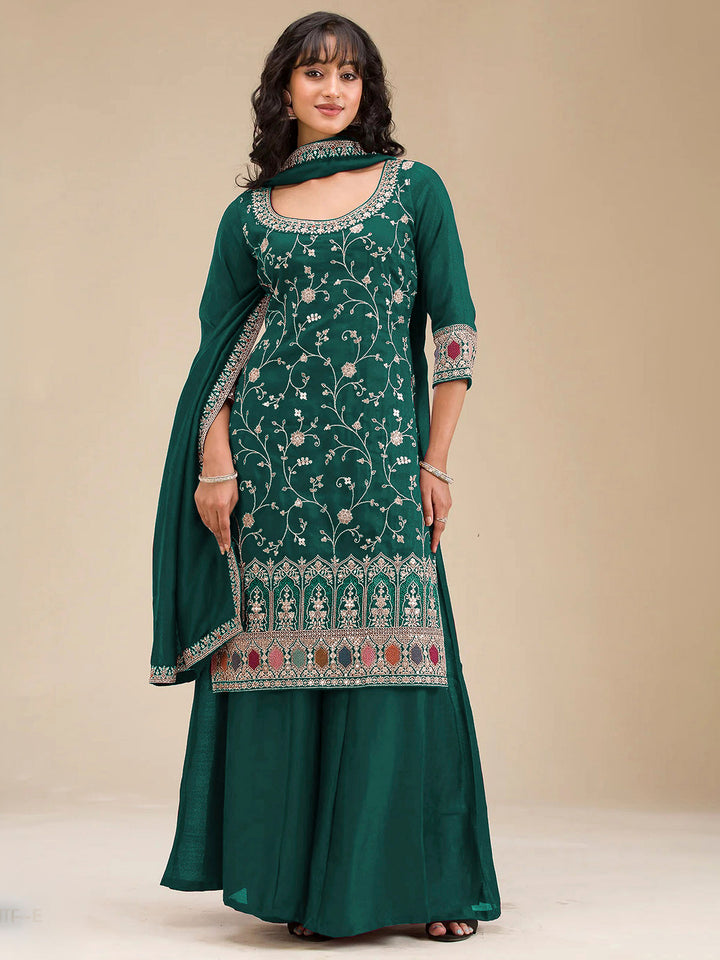 Bottle Green Art Silk Embroidered Semi Stitched Straight Kurta With Flared Sharara &amp; Dupatta