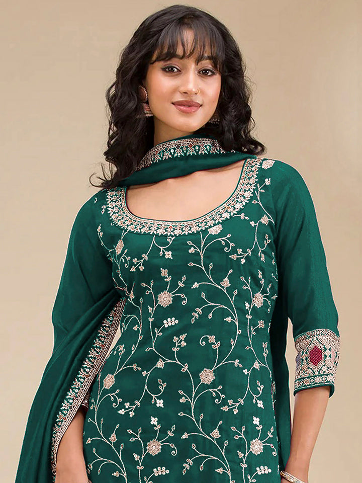 Bottle Green Art Silk Embroidered Semi Stitched Straight Kurta With Flared Sharara &amp; Dupatta