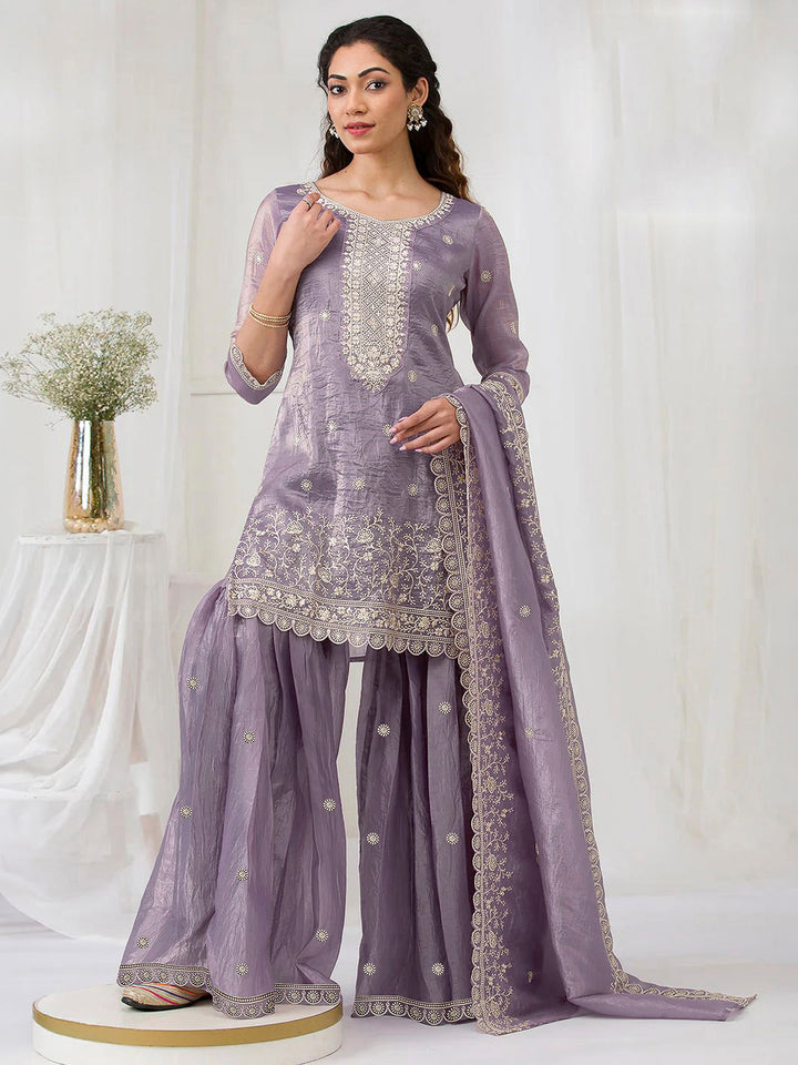 Lavender Crepe Embroidered Semi Stitched Straight Kurta With Flared Sharara &amp; Dupatta