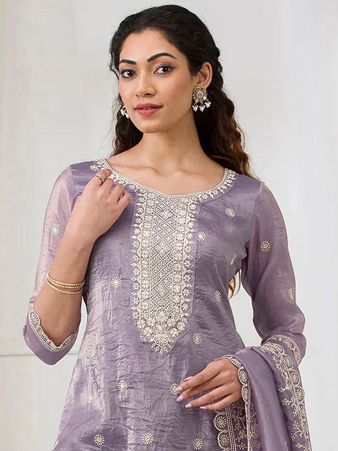 Lavender Crepe Embroidered Semi Stitched Straight Kurta With Flared Sharara &amp; Dupatta