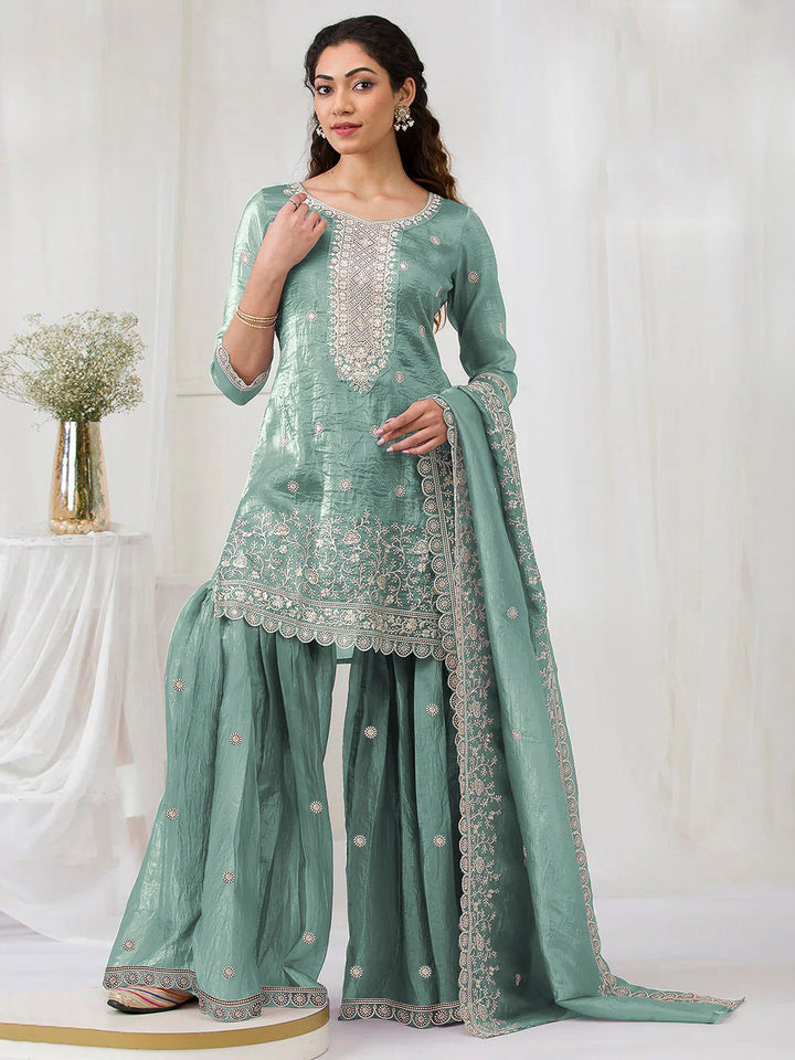 Sea Green Crepe Embroidered Semi Stitched Straight Kurta With Flared Sharara &amp; Dupatta