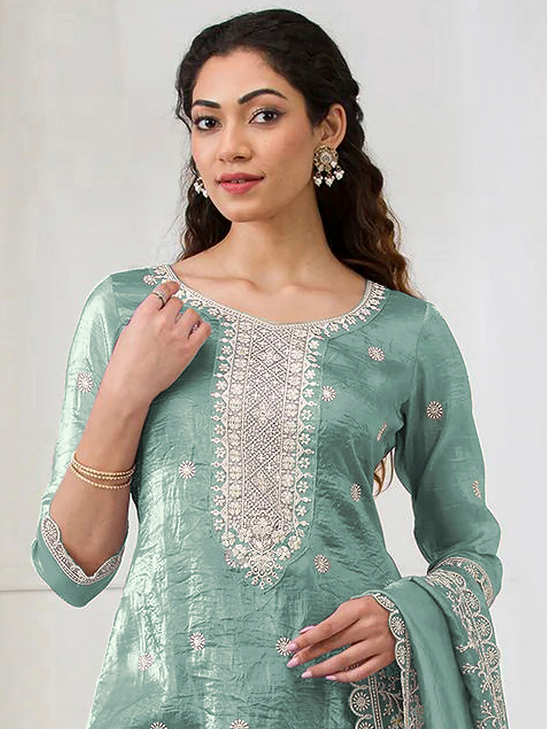 Sea Green Crepe Embroidered Semi Stitched Straight Kurta With Flared Sharara &amp; Dupatta