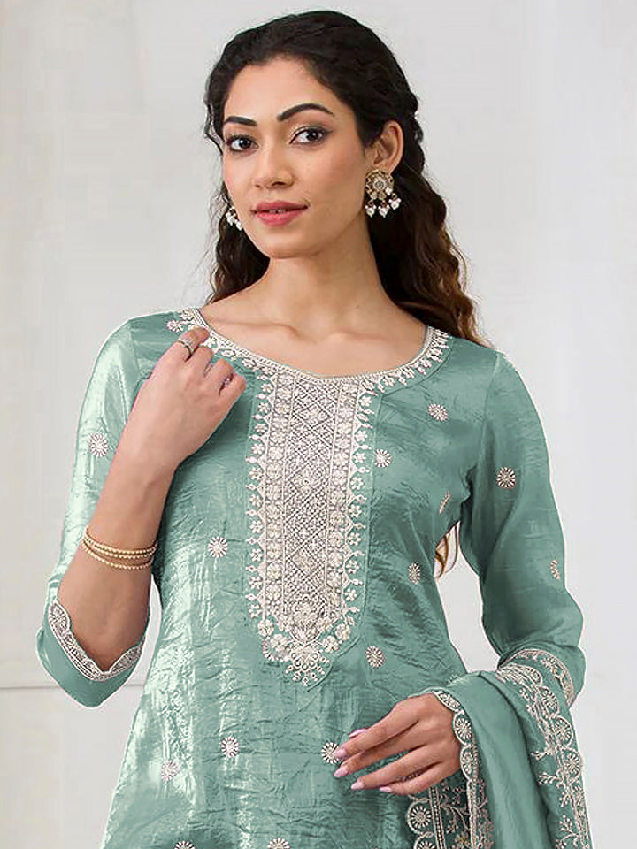 Sea Green Crepe Embroidered Semi Stitched Straight Kurta With Flared Sharara &amp; Dupatta