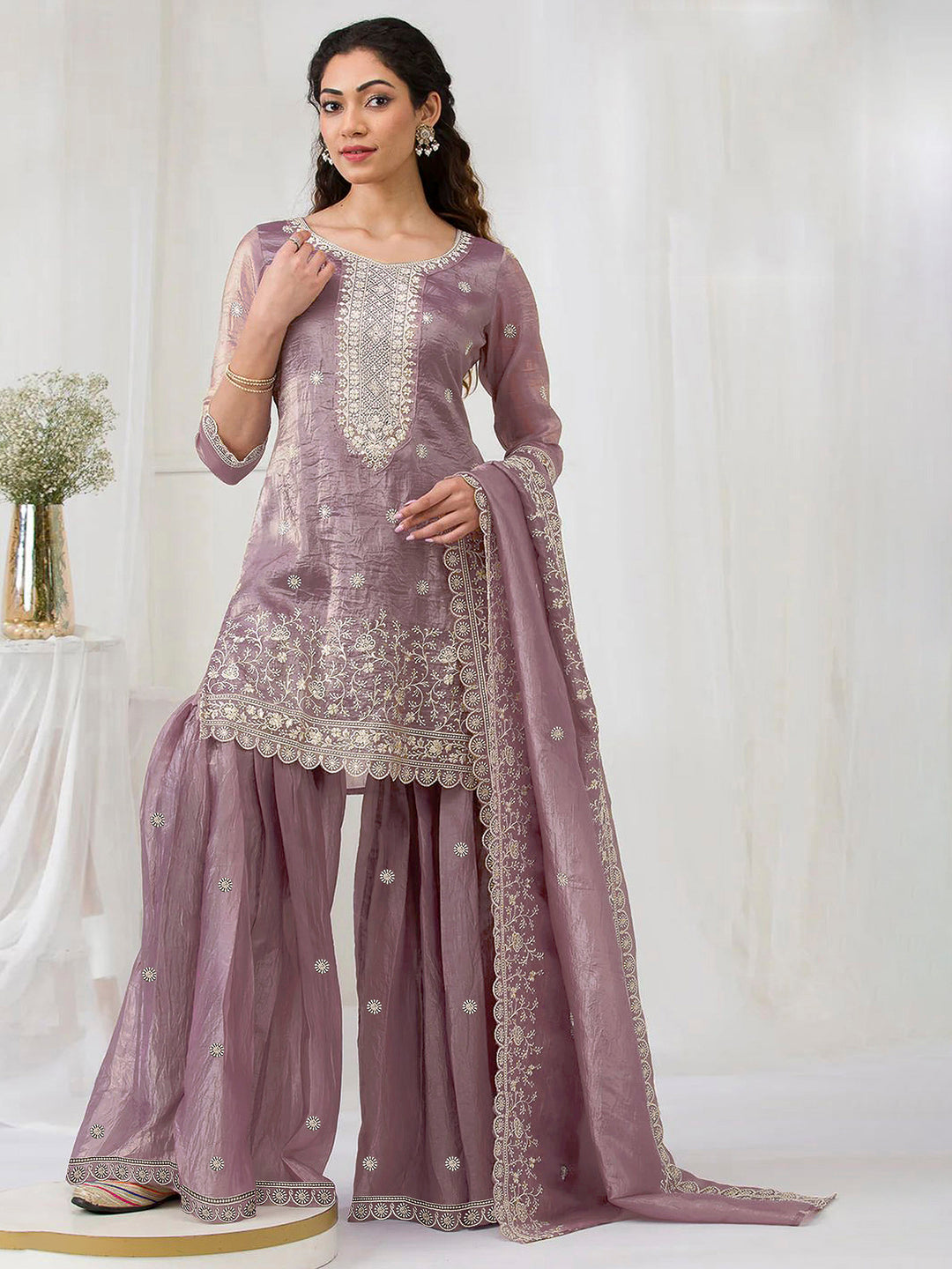 Lavender Crepe Embroidered Semi Stitched Straight Kurta With Flared Sharara &amp; Dupatta