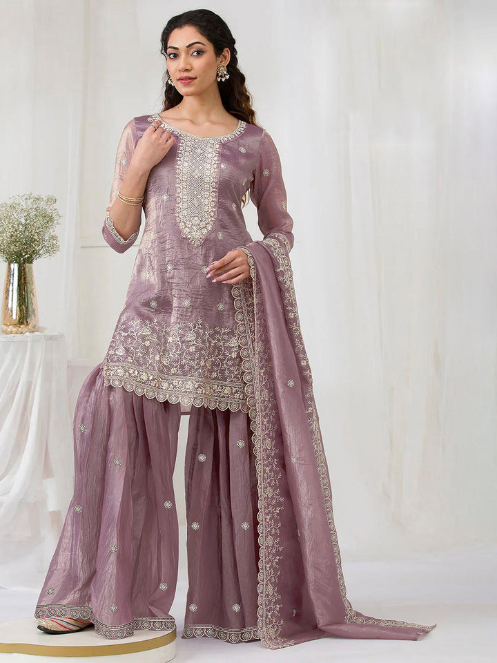 Lavender Crepe Embroidered Semi Stitched Straight Kurta With Flared Sharara &amp; Dupatta