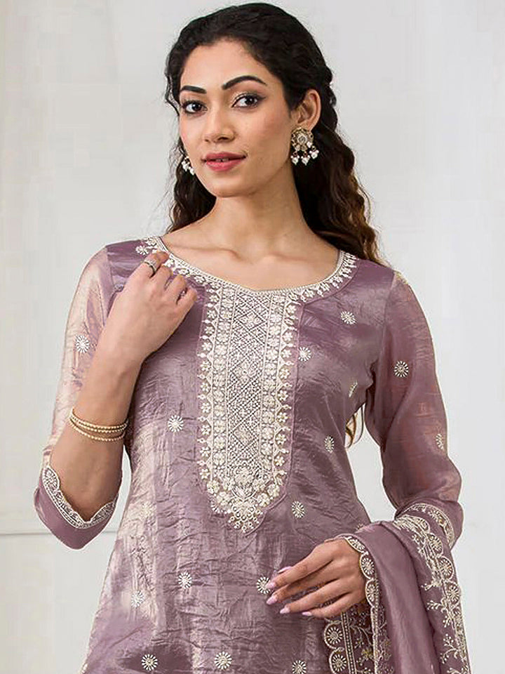 Lavender Crepe Embroidered Semi Stitched Straight Kurta With Flared Sharara &amp; Dupatta