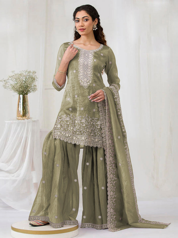 Olive Green Crepe Embroidered Semi Stitched Straight Kurta With Flared Sharara &amp; Dupatta