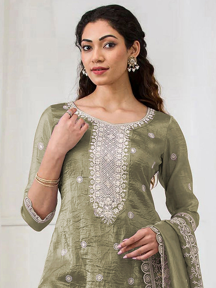 Olive Green Crepe Embroidered Semi Stitched Straight Kurta With Flared Sharara &amp; Dupatta