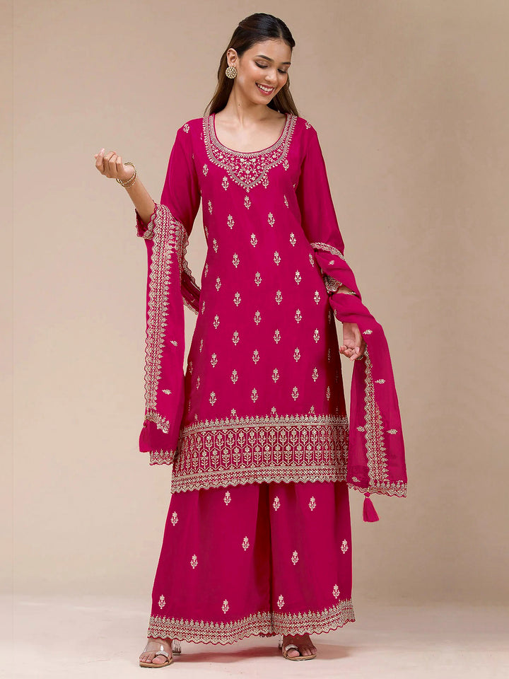 Rani Georgette Embroidered Semi Stitched Straight Kurta With Flared Sharara &amp; Dupatta