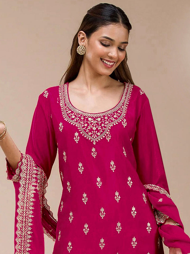 Rani Georgette Embroidered Semi Stitched Straight Kurta With Flared Sharara &amp; Dupatta