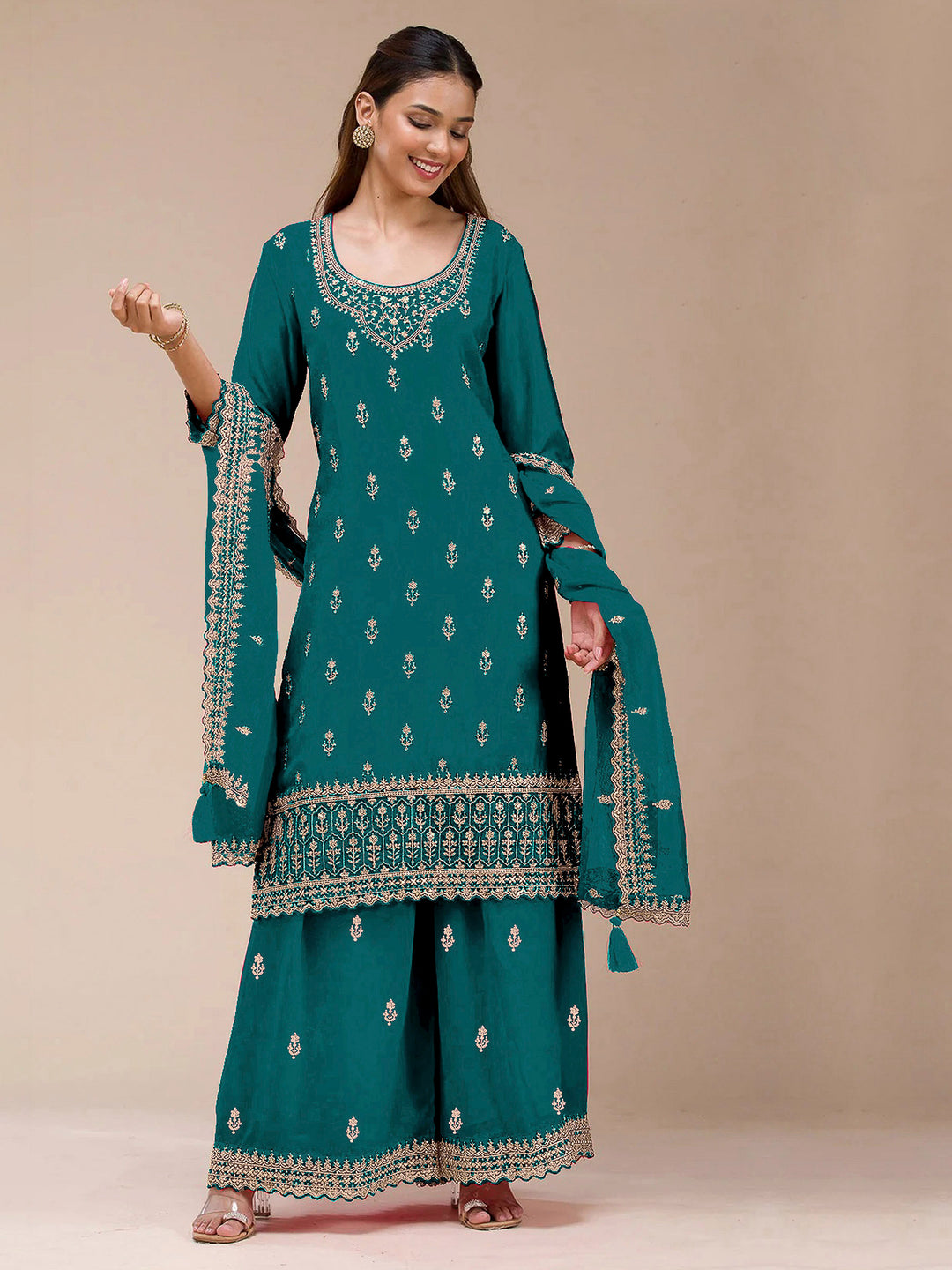 Teal Blue Georgette Embroidered Semi Stitched Straight Kurta With Flared Sharara &amp; Dupatta