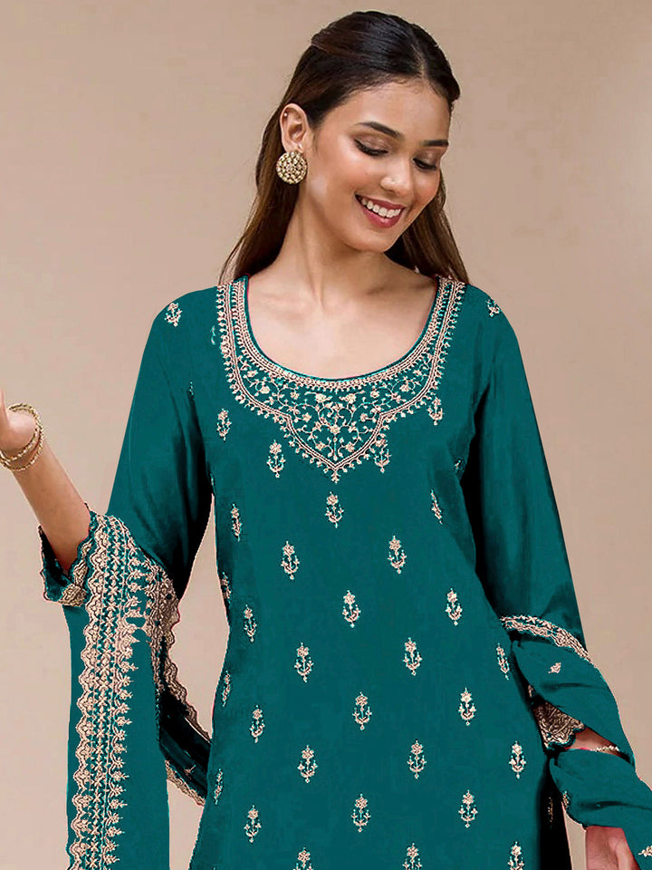 Teal Blue Georgette Embroidered Semi Stitched Straight Kurta With Flared Sharara &amp; Dupatta