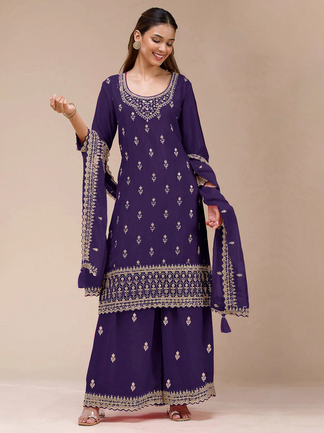 Purple Georgette Embroidered Semi Stitched Straight Kurta With Flared Sharara &amp; Dupatta