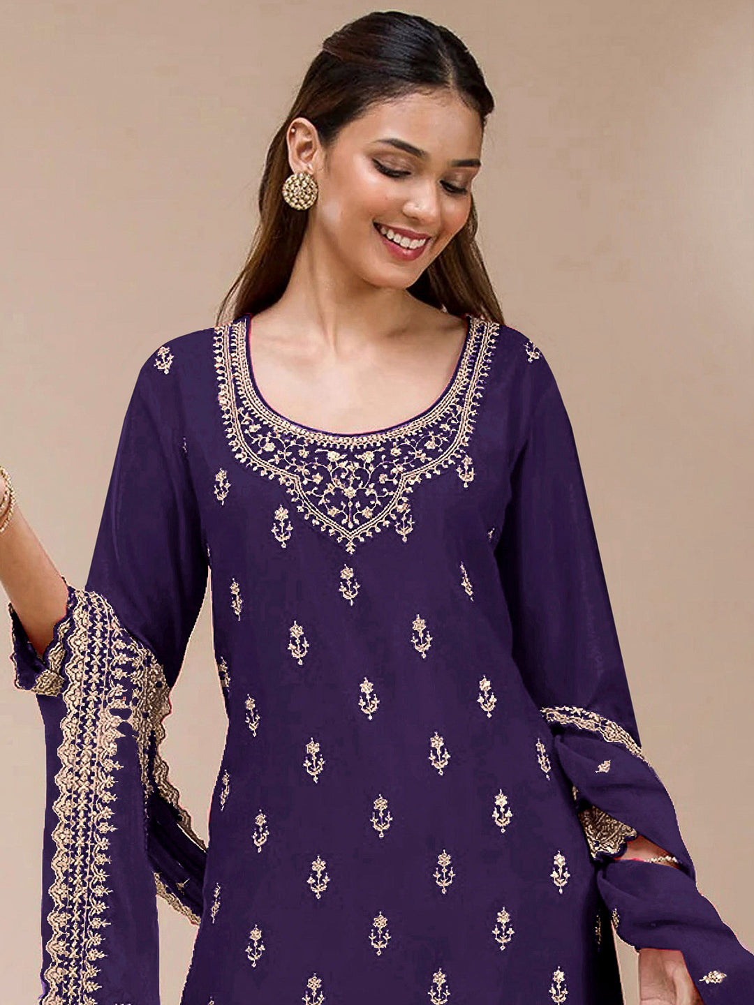 Purple Georgette Embroidered Semi Stitched Straight Kurta With Flared Sharara &amp; Dupatta