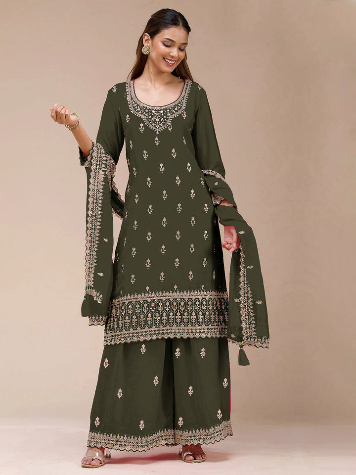 Olive Green Georgette Embroidered Semi Stitched Straight Kurta With Flared Sharara &amp; Dupatta