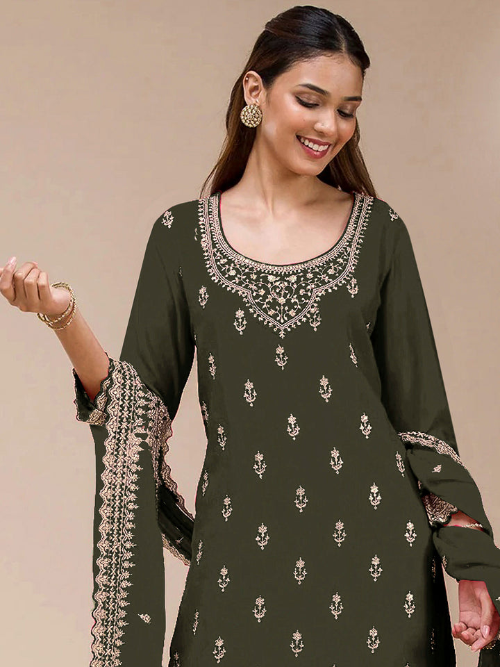 Olive Green Georgette Embroidered Semi Stitched Straight Kurta With Flared Sharara &amp; Dupatta