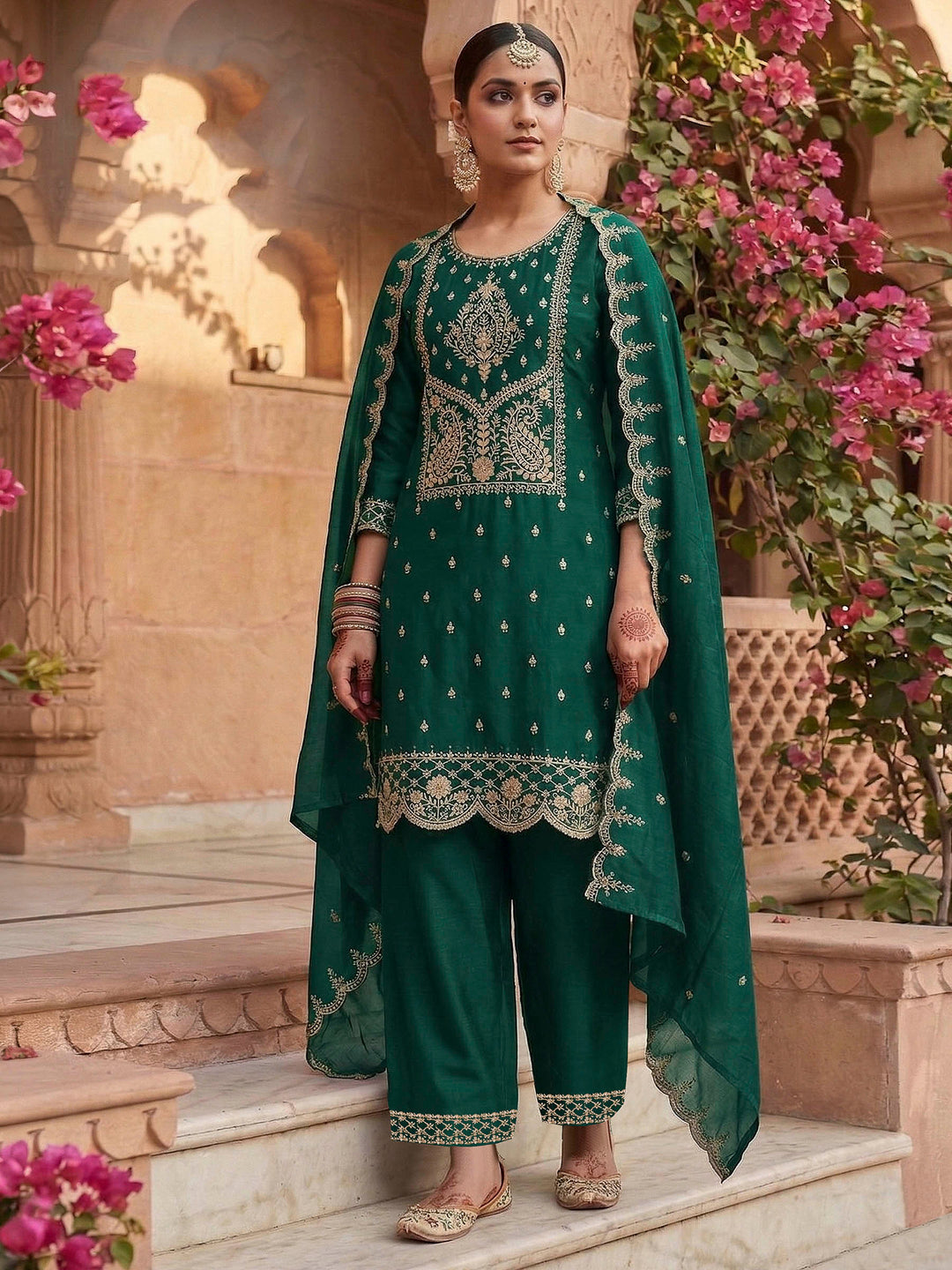 Dull Green Art Silk Embroidered Semi Stitched Straight Kurta With Palazzo &amp; Dupatta