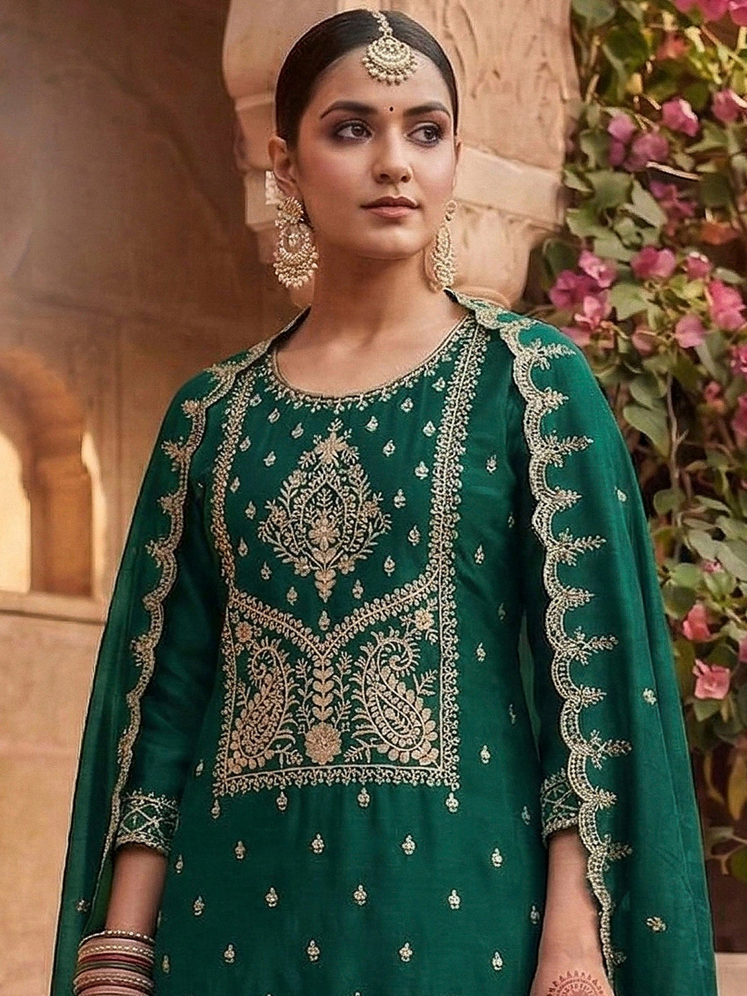 Dull Green Art Silk Embroidered Semi Stitched Straight Kurta With Palazzo &amp; Dupatta