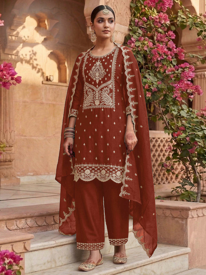 Rust Art Silk Embroidered Semi Stitched Straight Kurta With Palazzo &amp; Dupatta