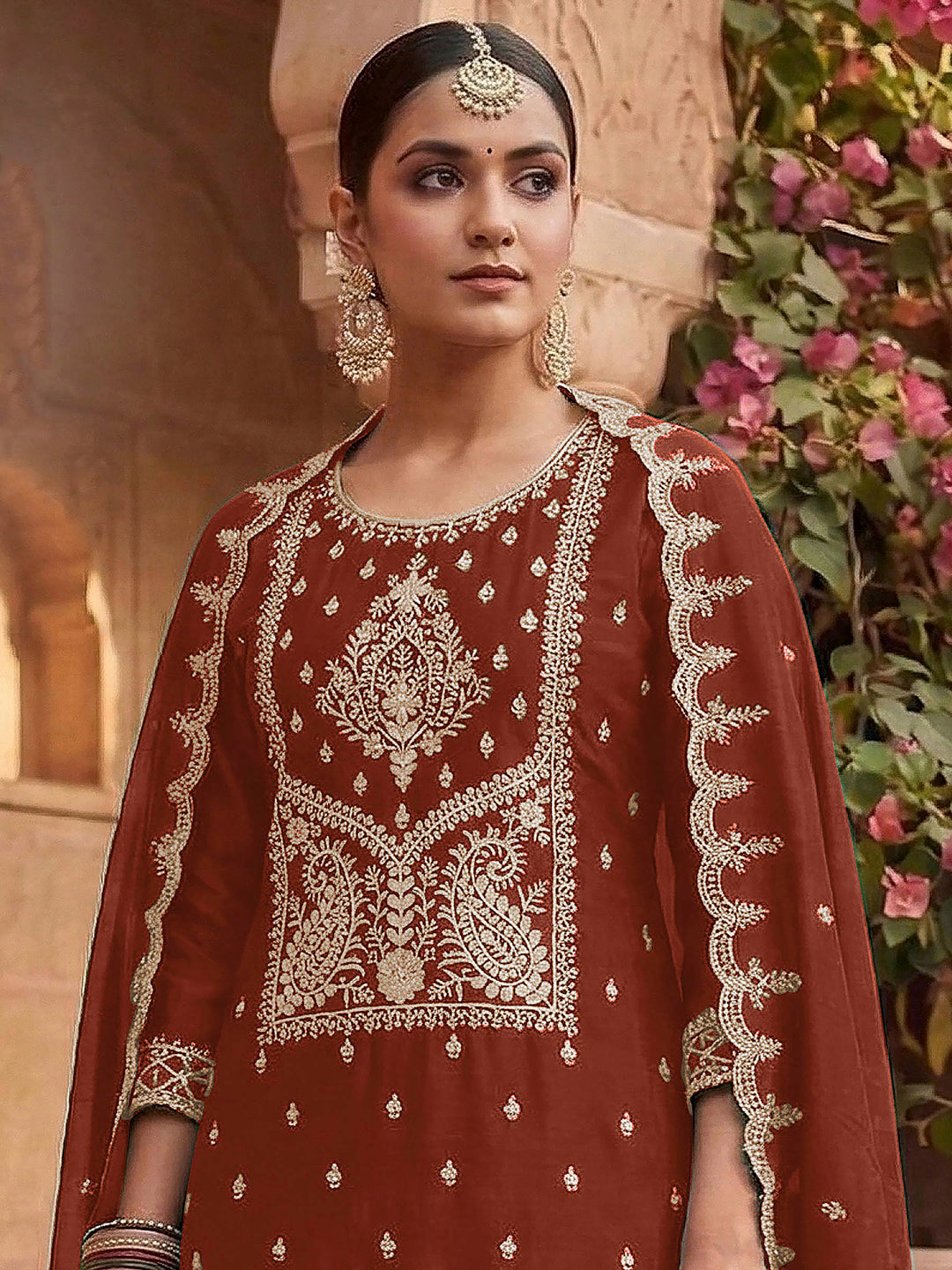 Rust Art Silk Embroidered Semi Stitched Straight Kurta With Palazzo &amp; Dupatta