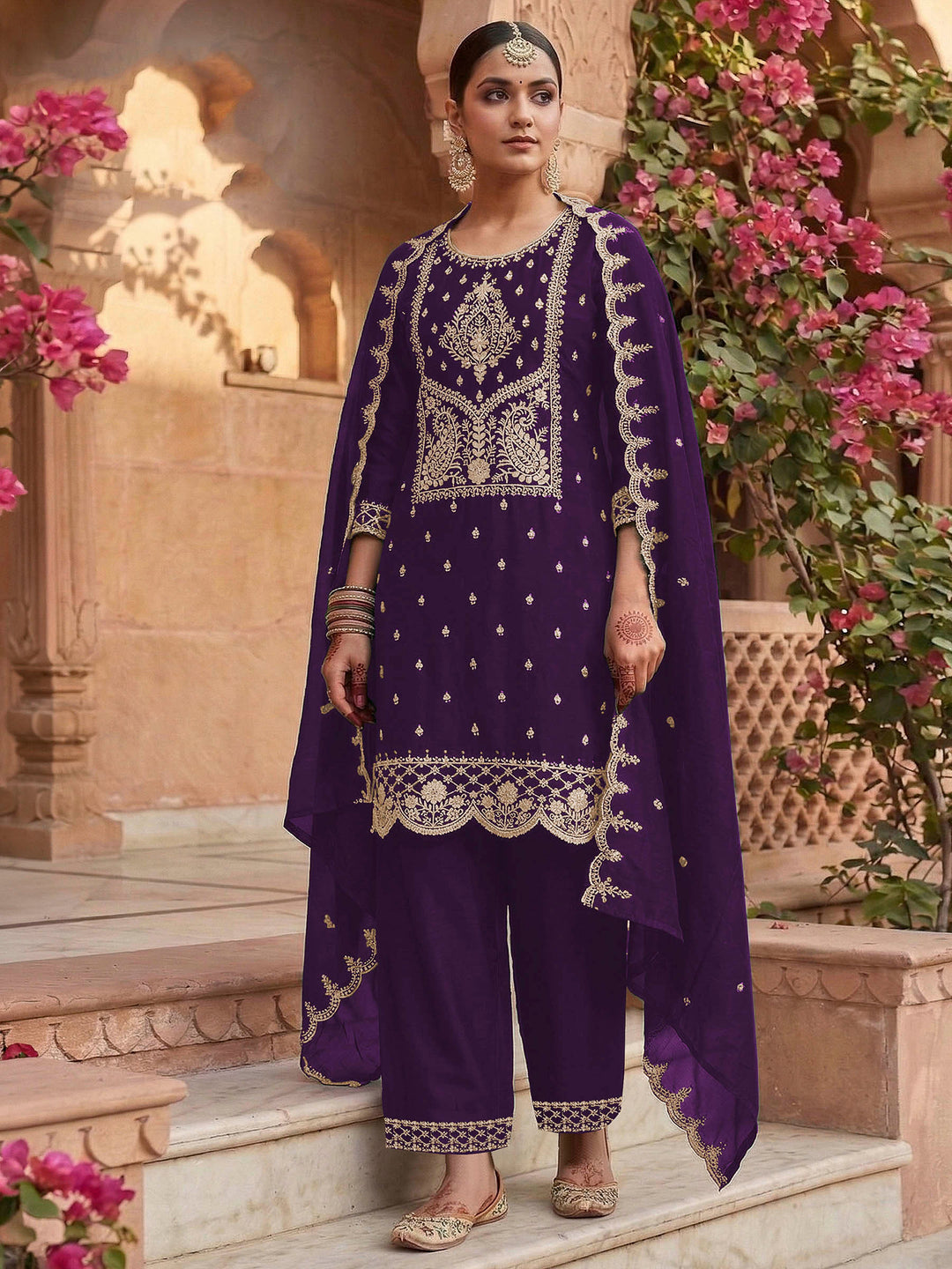 Purple Art Silk Embroidered Semi Stitched Straight Kurta With Palazzo &amp; Dupatta
