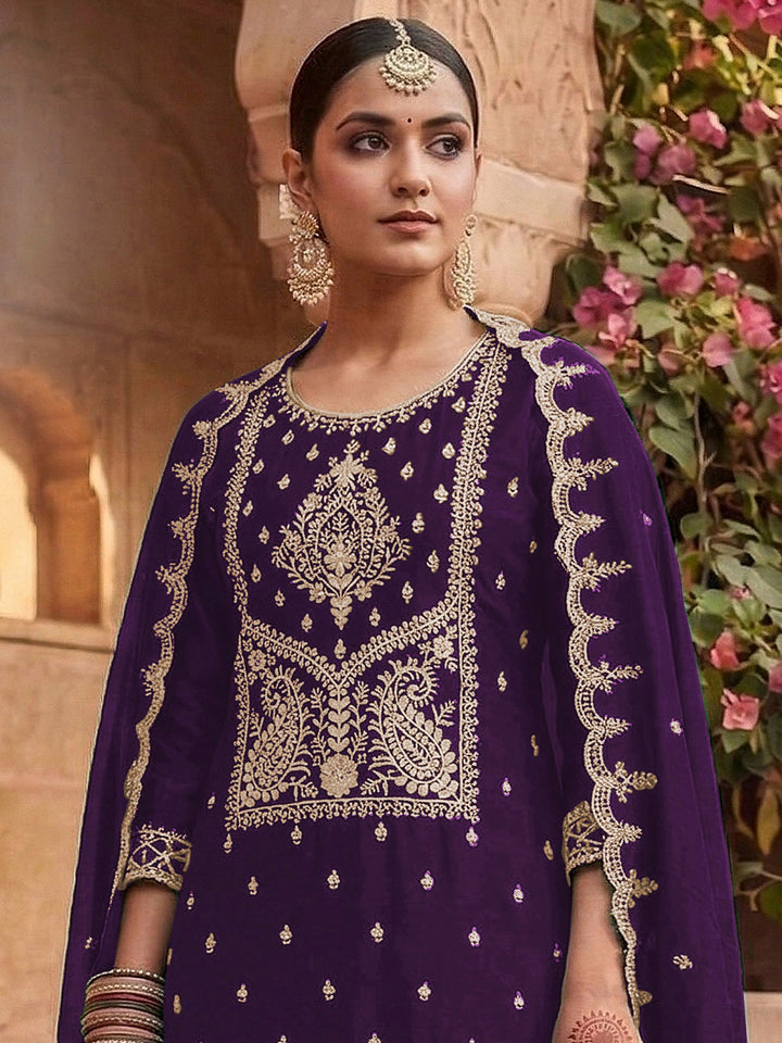 Purple Art Silk Embroidered Semi Stitched Straight Kurta With Palazzo &amp; Dupatta