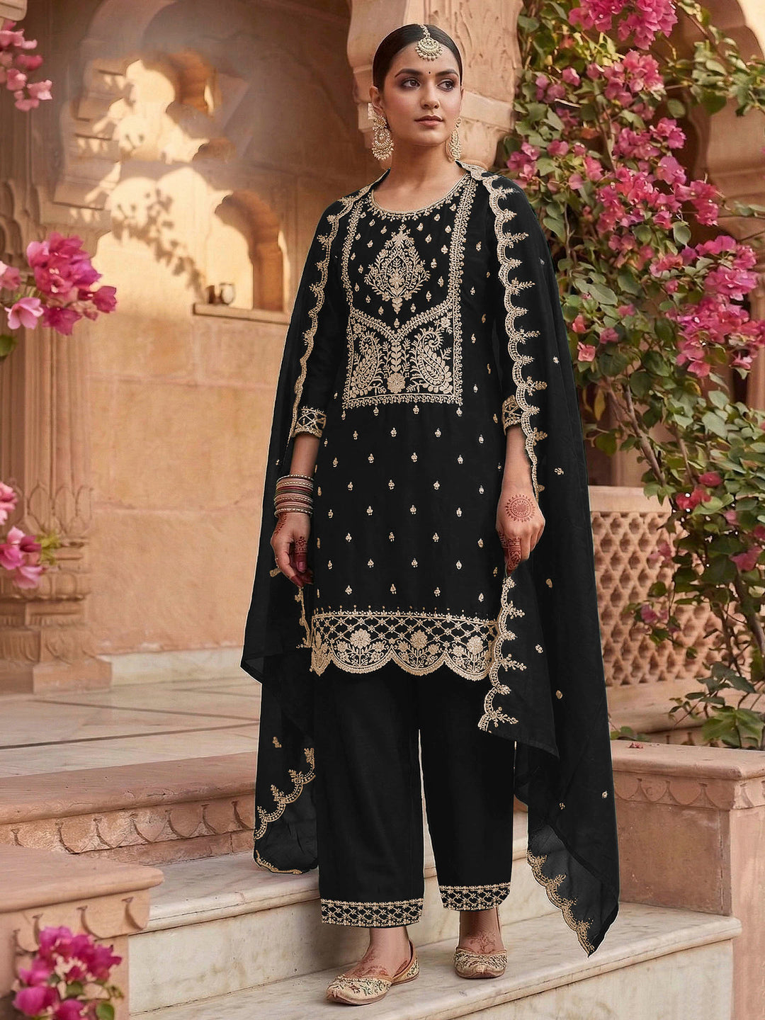 Black Art Silk Embroidered Semi Stitched Straight Kurta With Palazzo &amp; Dupatta