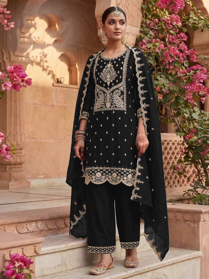 Black Art Silk Embroidered Semi Stitched Straight Kurta With Palazzo &amp; Dupatta