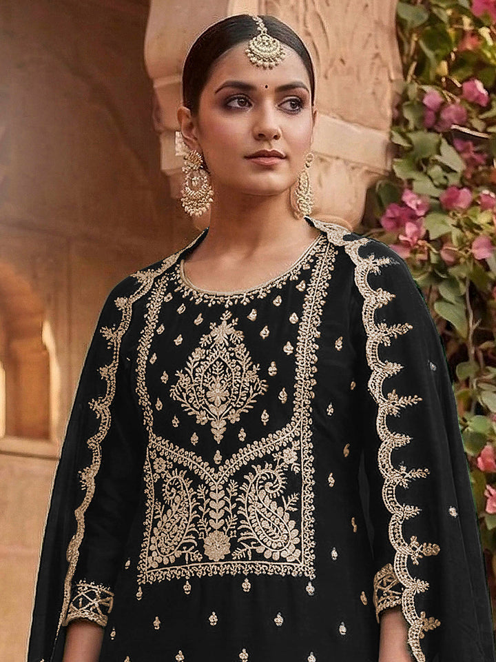 Black Art Silk Embroidered Semi Stitched Straight Kurta With Palazzo &amp; Dupatta