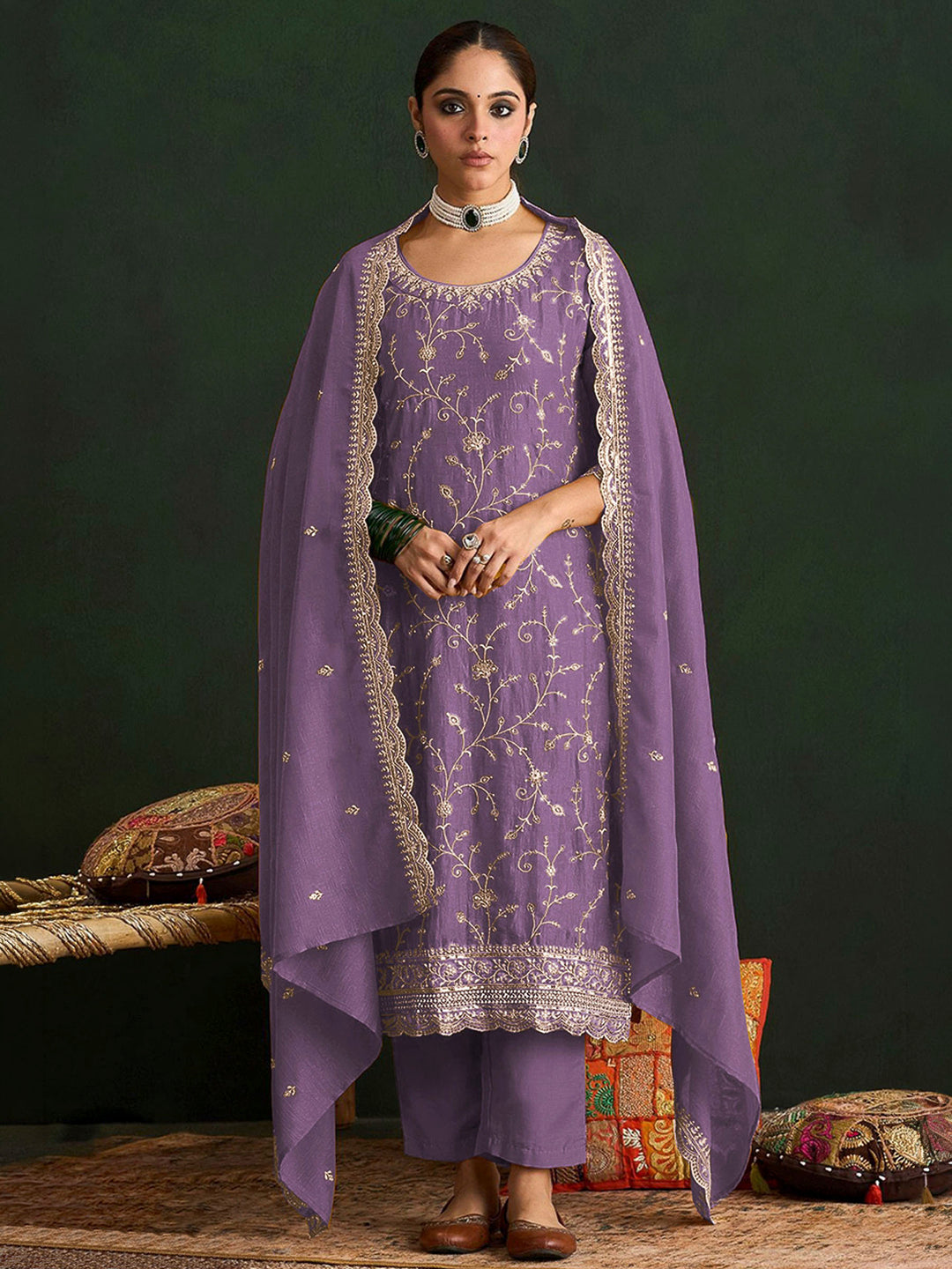 Purple Art Silk Embroidered Semi Stitched Straight Kurta With Pant &amp; Dupatta