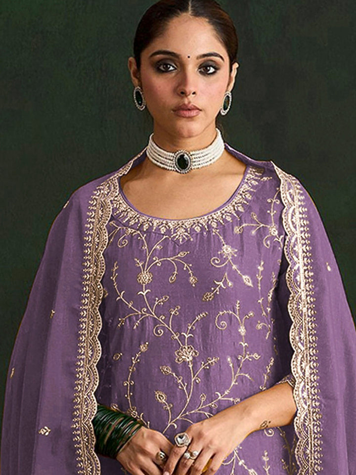 Purple Art Silk Embroidered Semi Stitched Straight Kurta With Pant &amp; Dupatta