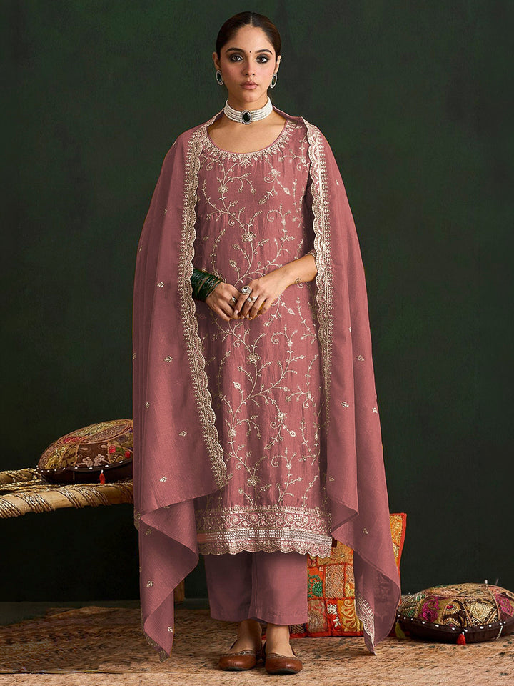 Dusty Pink Art Silk Embroidered Semi Stitched Straight Kurta With Pant &amp; Dupatta