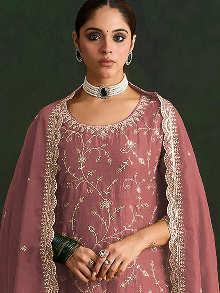 Dusty Pink Art Silk Embroidered Semi Stitched Straight Kurta With Pant &amp; Dupatta