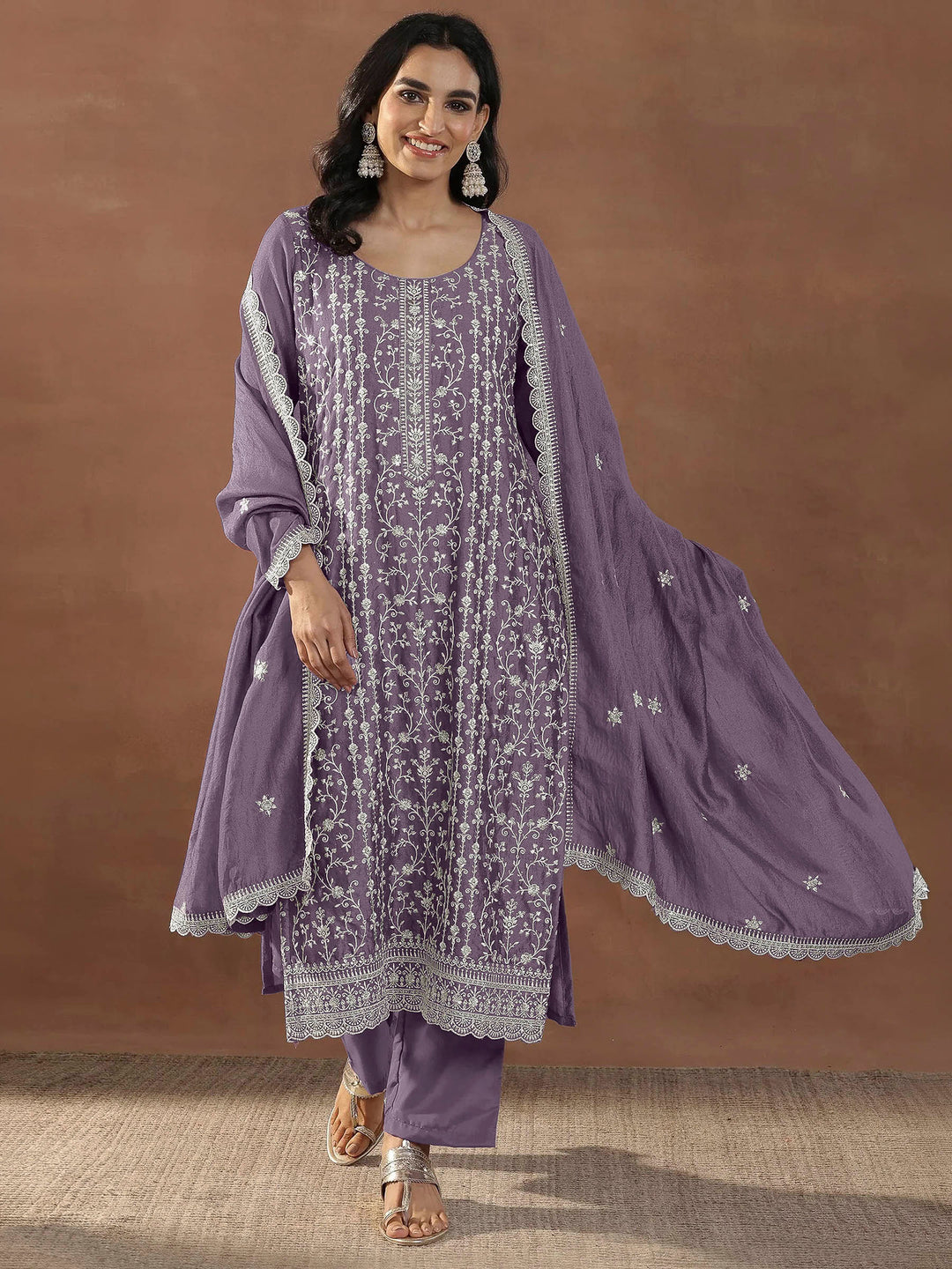 Purple Art Silk Embroidered Semi Stitched Straight Kurta With Pant &amp; Dupatta