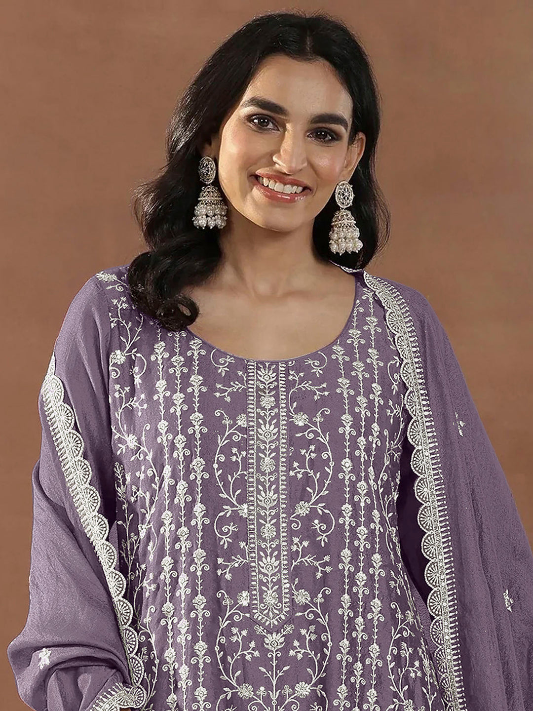 Purple Art Silk Embroidered Semi Stitched Straight Kurta With Pant &amp; Dupatta