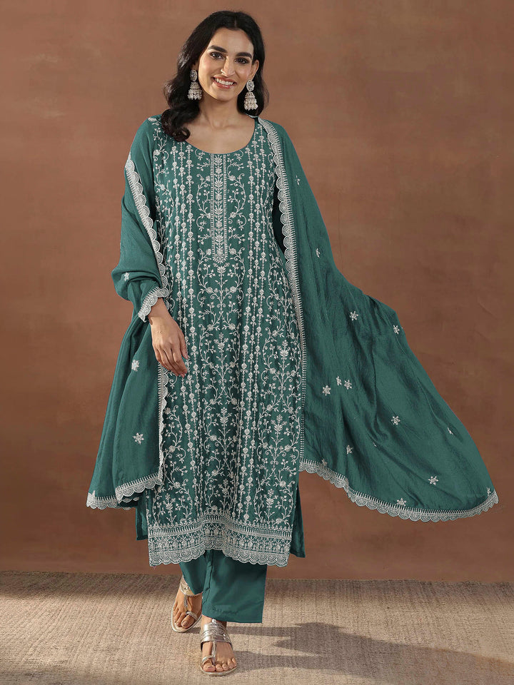 Teal Blue Art Silk Embroidered Semi Stitched Straight Kurta With Pant &amp; Dupatta