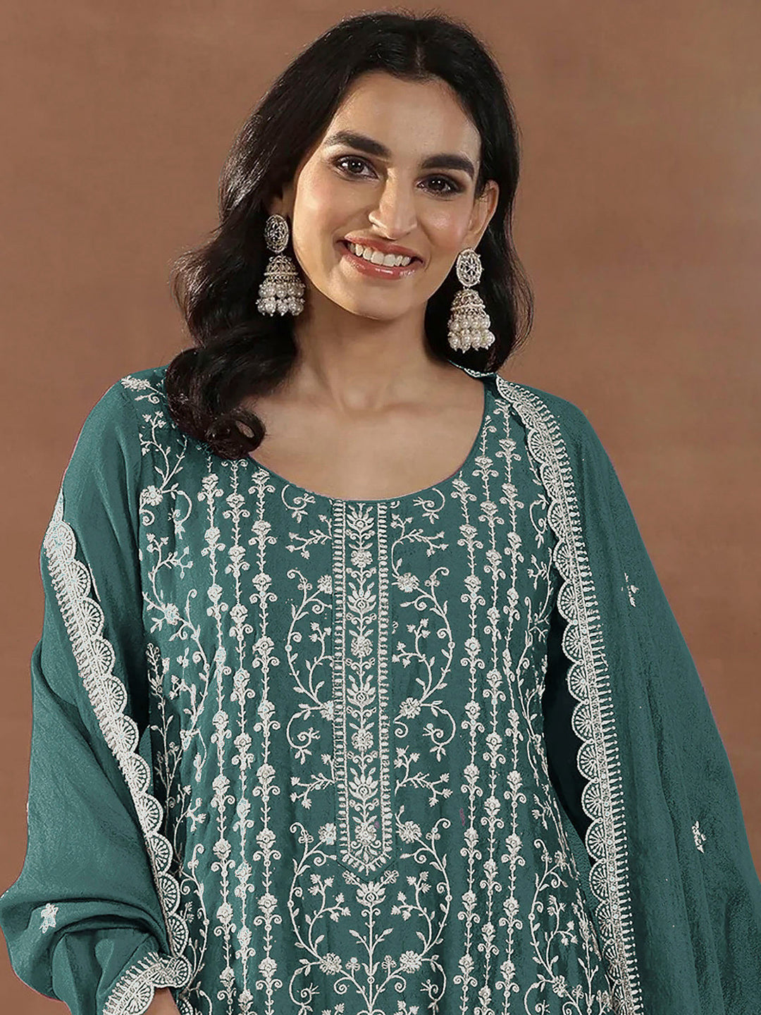 Teal Blue Art Silk Embroidered Semi Stitched Straight Kurta With Pant &amp; Dupatta
