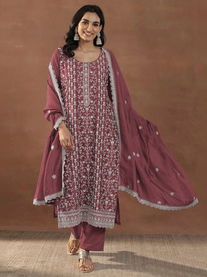 Maroon Art Silk Embroidered Semi Stitched Straight Kurta With Pant &amp; Dupatta